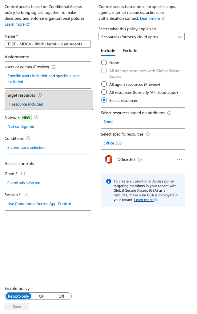 Screenshot showing example enforcement conditional access policy settings