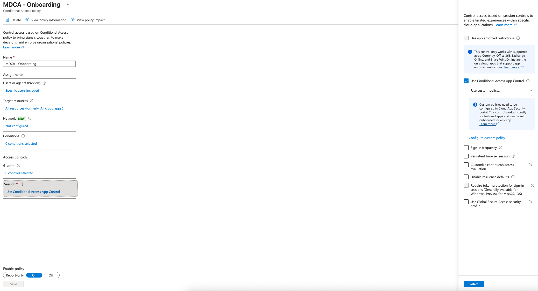Screenshot showing example Conditional access policy for onboarding applications to MDCA