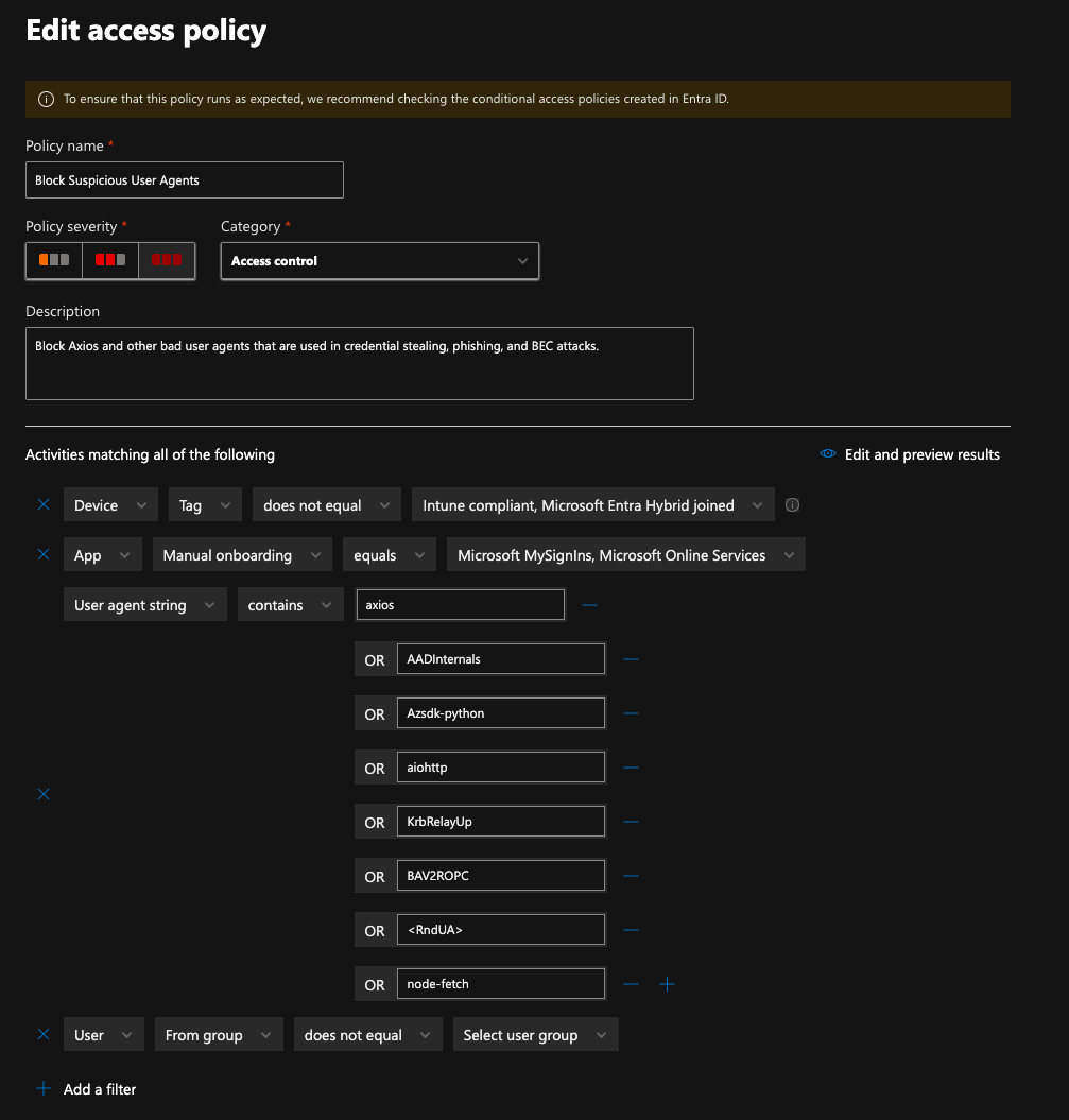 Screenshot showing example access policy settings