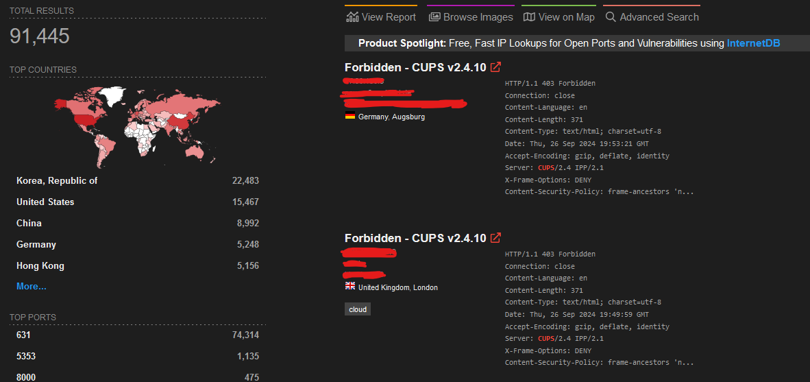 Shodan Query showing thousands of exposed public CUPS web interfaces