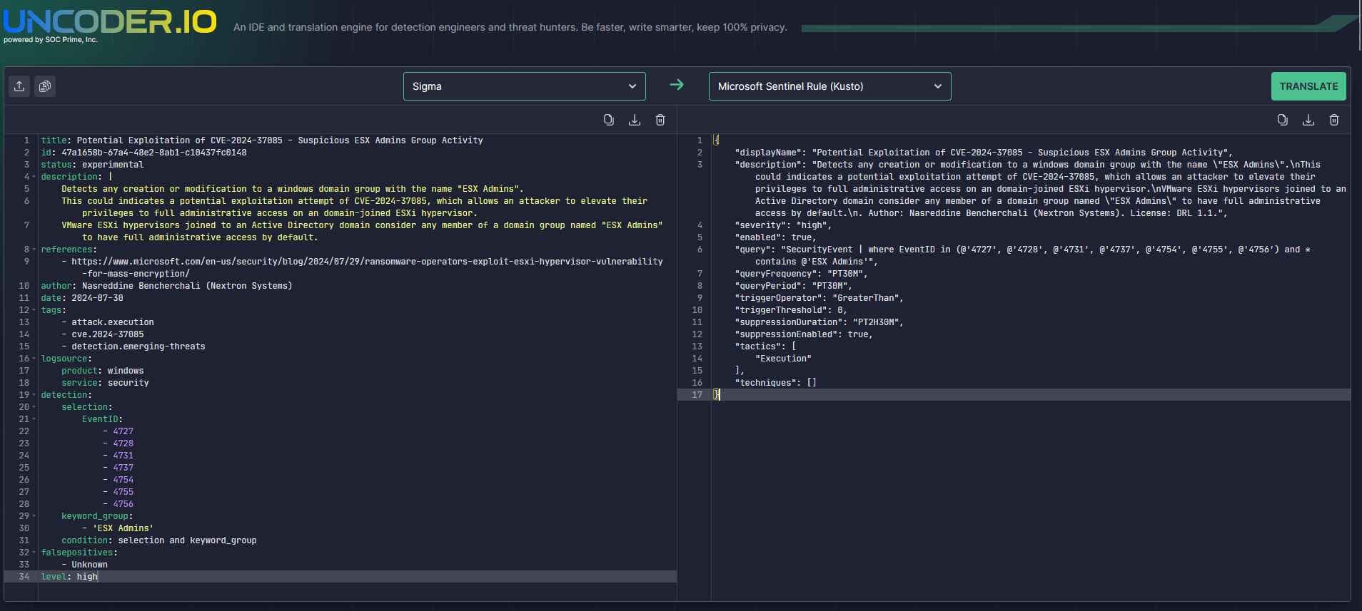 Sigma Rule to Sentinel Analytics rule in Uncoder
