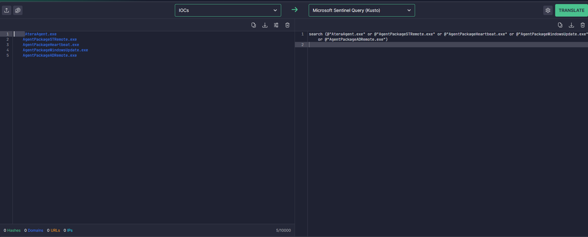 IOCs to Sentinel Log Analytics Query in Uncoder